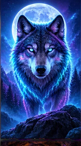 An illustrated wolf with electric blue light