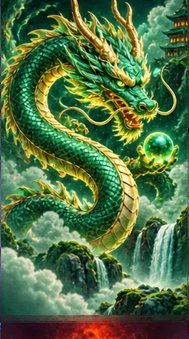 A green dragon in an illustrated fantasy landscape