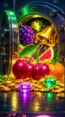 Colourful fruit, gems and gold coins